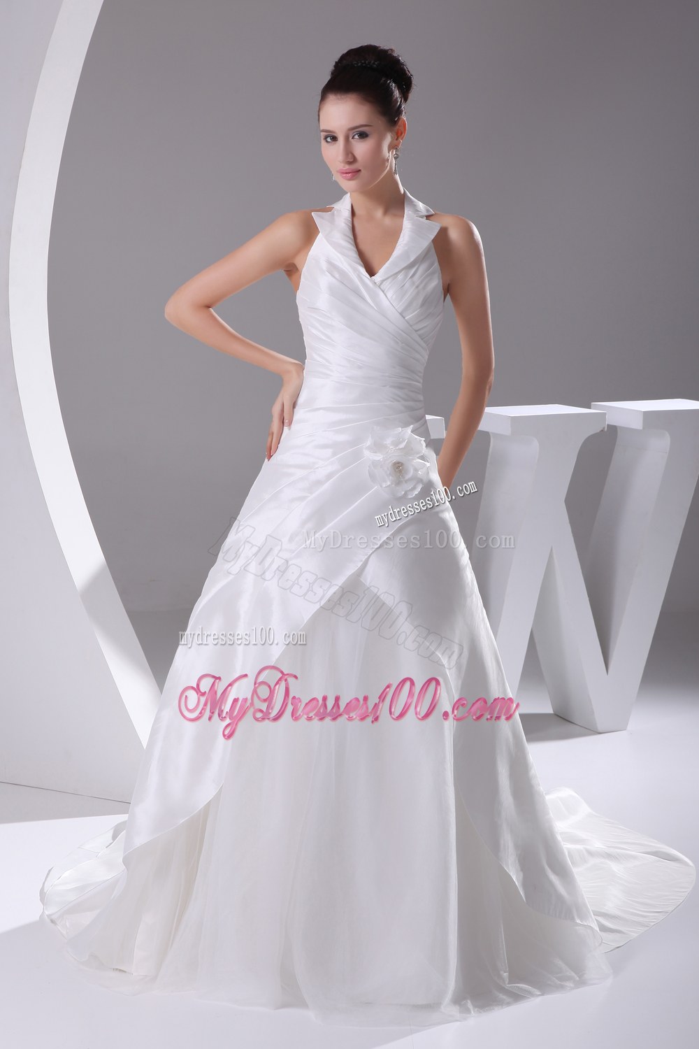 Court Train Ruching Halter A-Line Wedding Dress with Lace-up