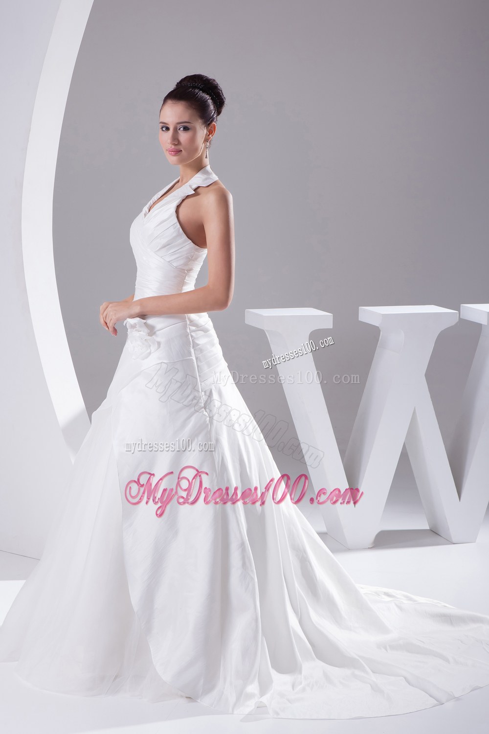 Court Train Ruching Halter A-Line Wedding Dress with Lace-up