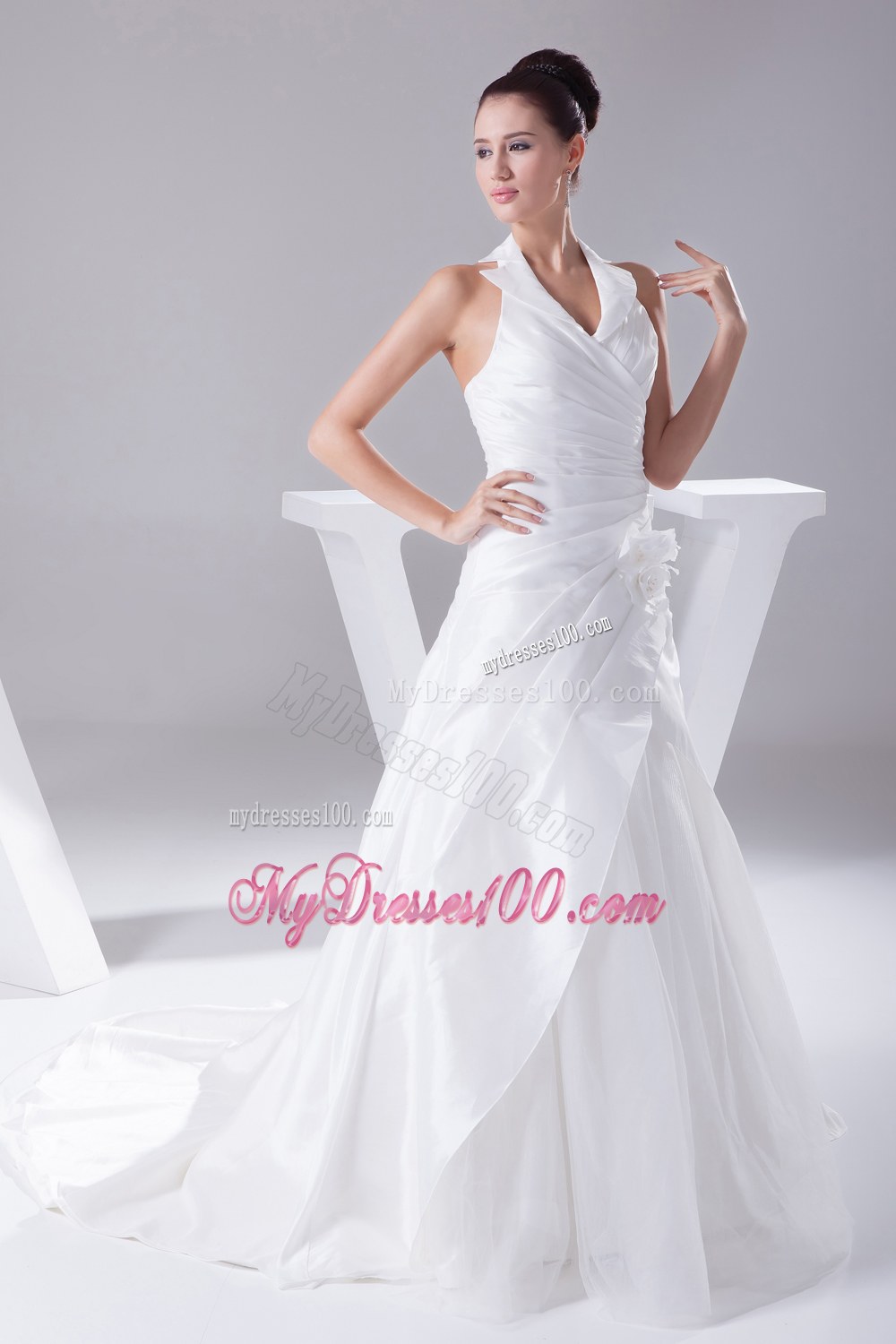 Court Train Ruching Halter A-Line Wedding Dress with Lace-up