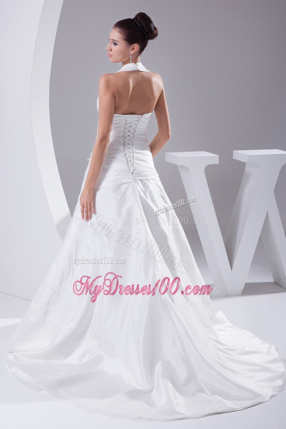 Court Train Ruching Halter A-Line Wedding Dress with Lace-up