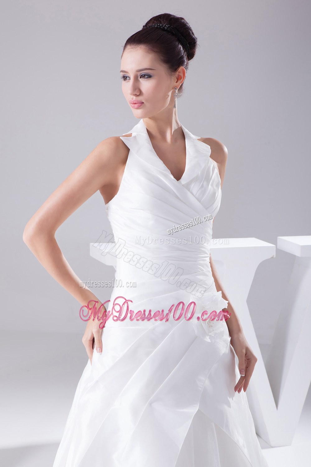 Court Train Ruching Halter A-Line Wedding Dress with Lace-up