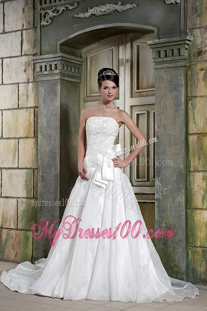Custom Made Strapless Court Train Appliques Wedding Dresses for 2013