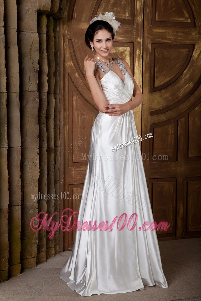 Custom Made V-neck Floor-length Beaded Ruching Bridal Dresses 2013