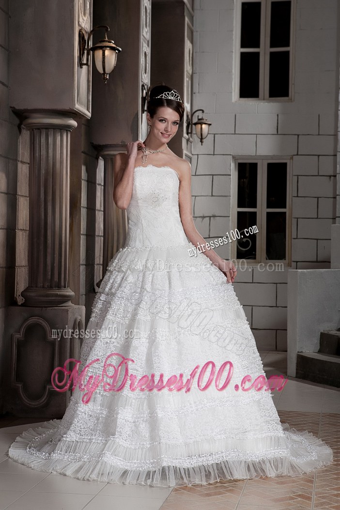 Customize Strapless Brush Train Special Fabric Beading Wedding Dresses