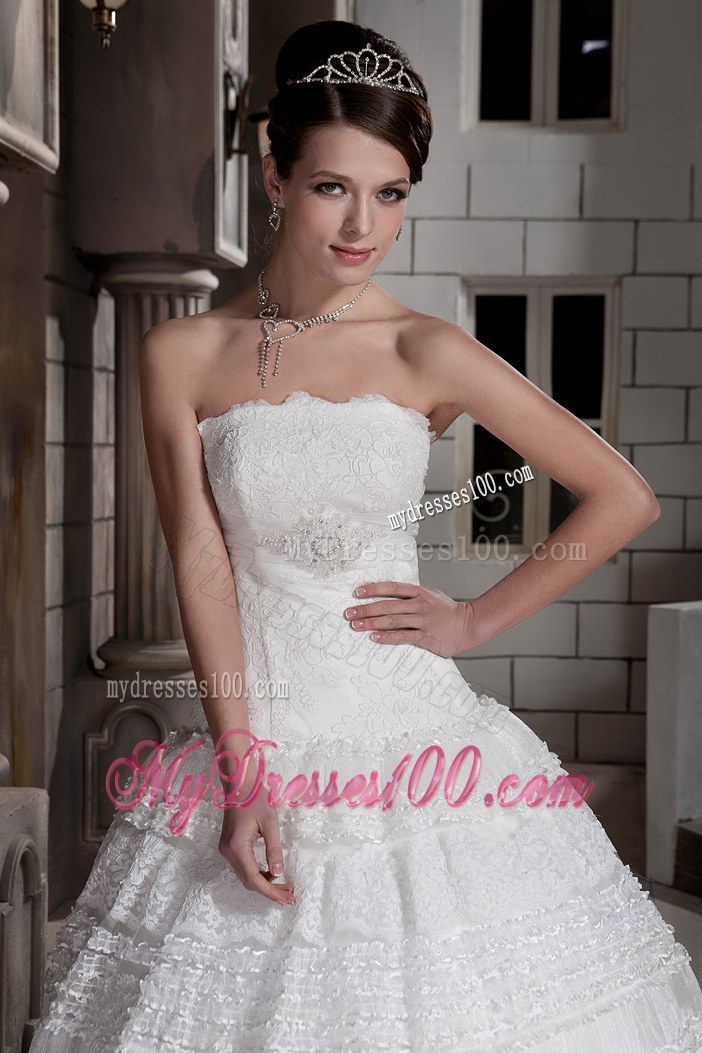 Customize Strapless Brush Train Special Fabric Beading Wedding Dresses