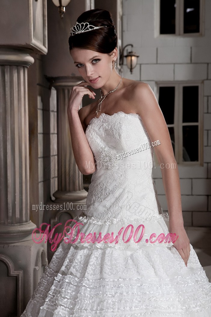 Customize Strapless Brush Train Special Fabric Beading Wedding Dresses