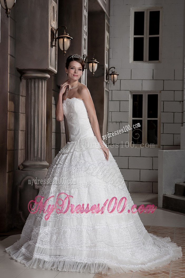 Customize Strapless Brush Train Special Fabric Beading Wedding Dresses