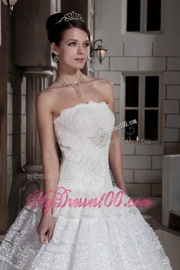 Customize Strapless Brush Train Special Fabric Beading Wedding Dresses