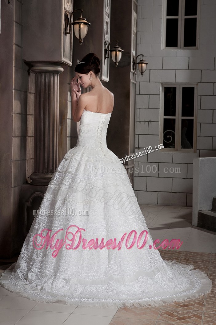 Customize Strapless Brush Train Special Fabric Beading Wedding Dresses