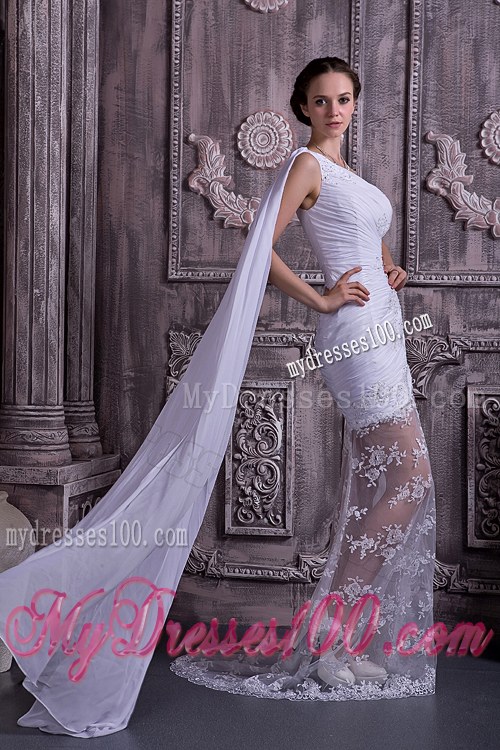 Appliques Sheath One Shoulder Wedding Dress Watteau Train Lace
