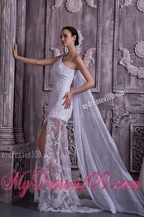 Appliques Sheath One Shoulder Wedding Dress Watteau Train Lace