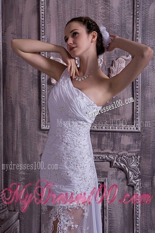 Appliques Sheath One Shoulder Wedding Dress Watteau Train Lace