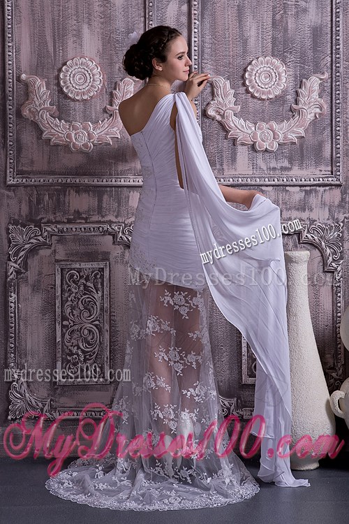 Appliques Sheath One Shoulder Wedding Dress Watteau Train Lace