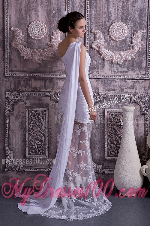 Appliques Sheath One Shoulder Wedding Dress Watteau Train Lace