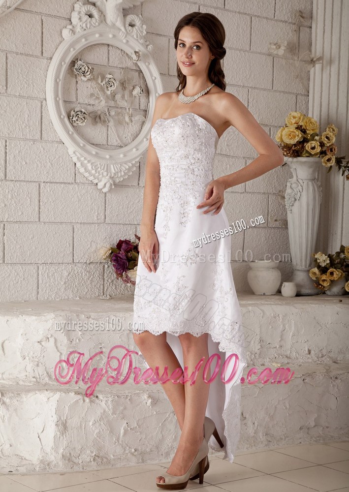 Discount Strapless High-low Wedding Dresses with Lace and Embroidery