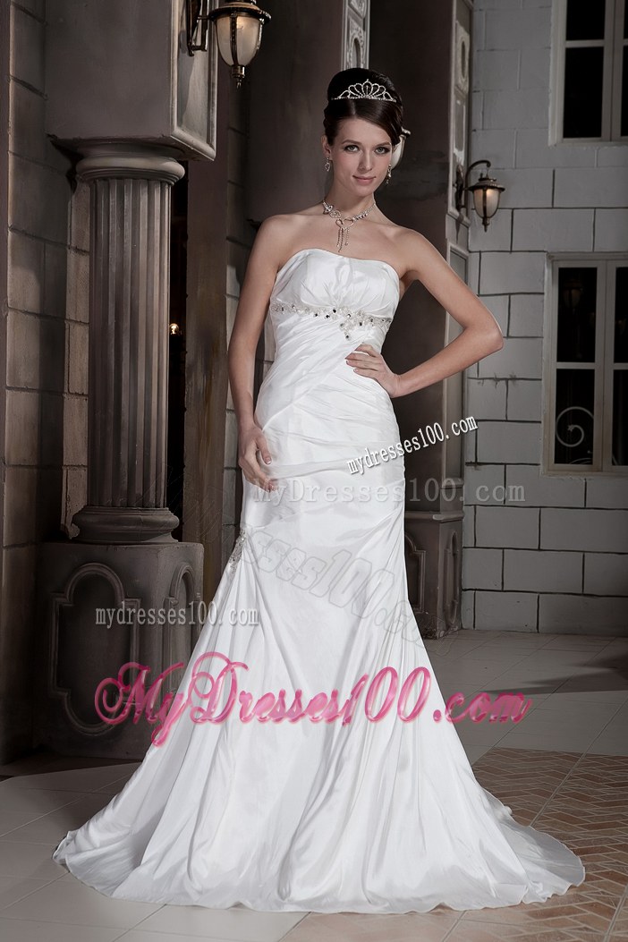 Discount Column Strapless Court Train Ruched and Beaded Wedding Dress