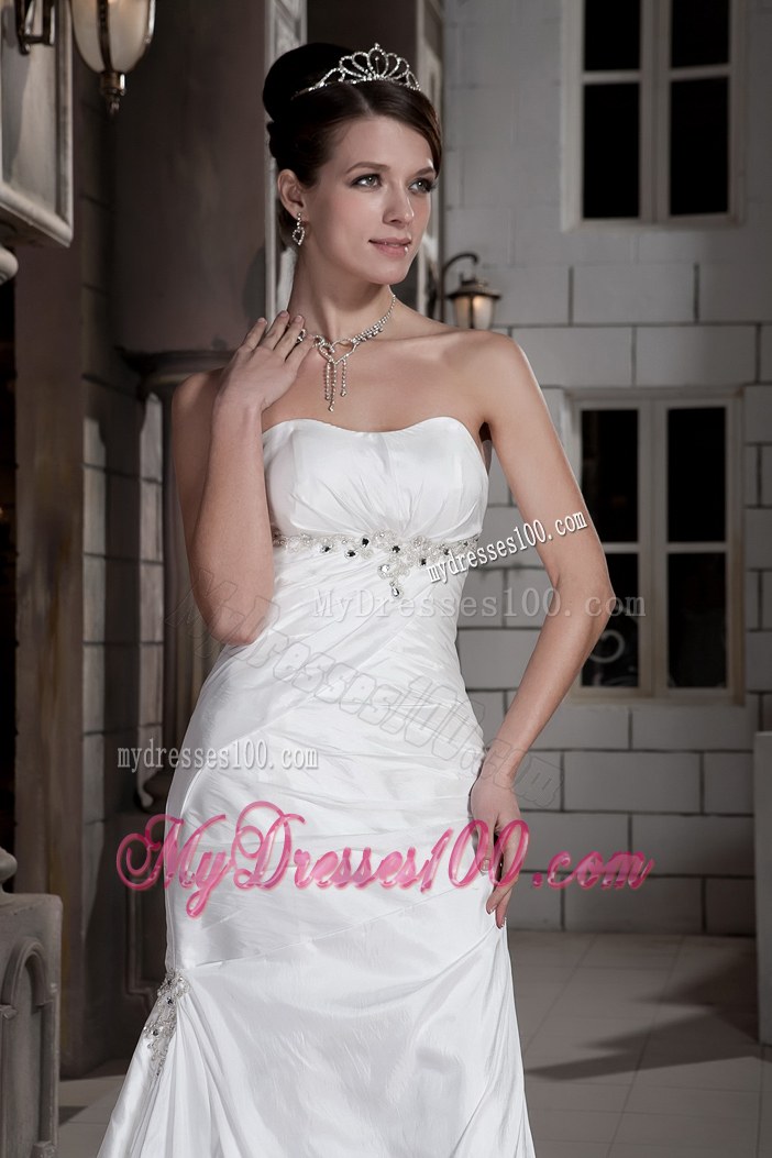 Discount Column Strapless Court Train Ruched and Beaded Wedding Dress