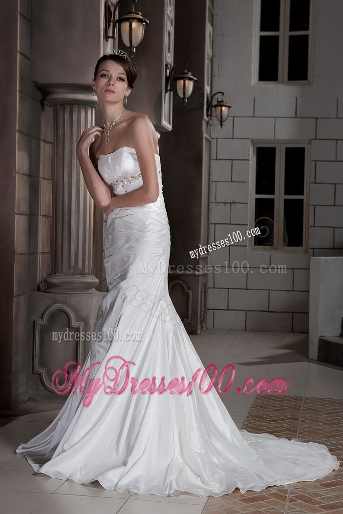 Discount Column Strapless Court Train Ruched and Beaded Wedding Dress