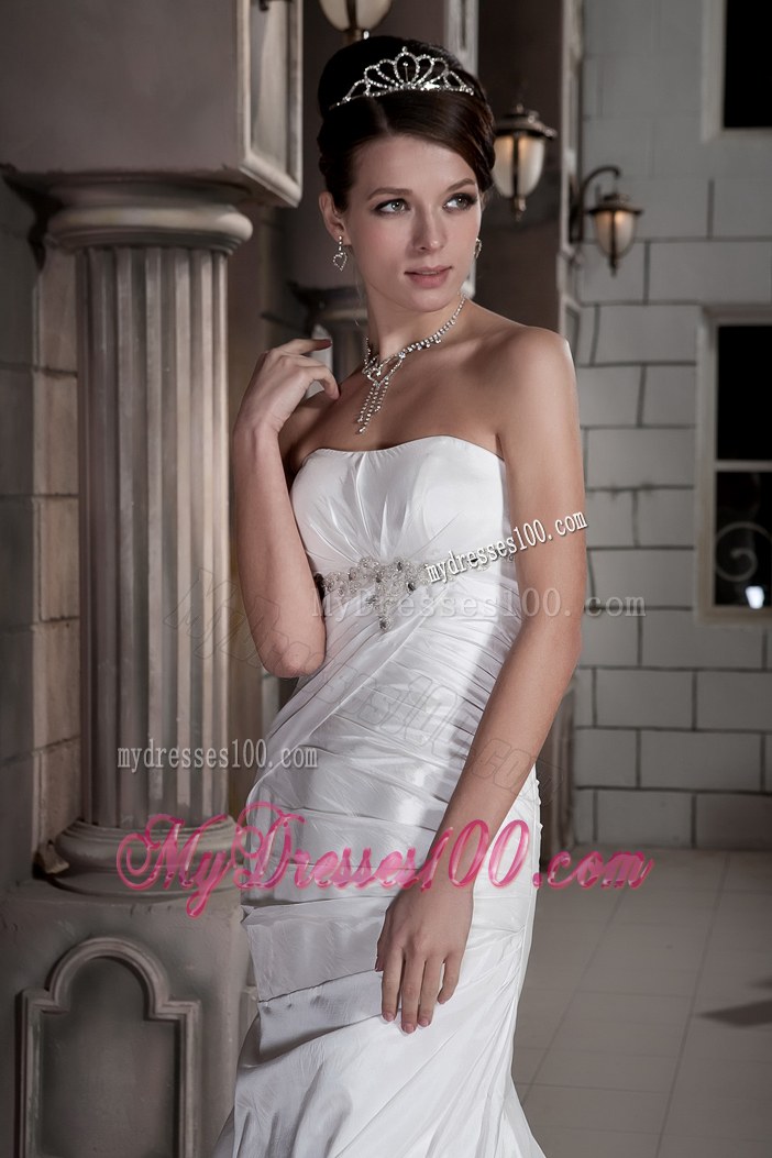 Discount Column Strapless Court Train Ruched and Beaded Wedding Dress