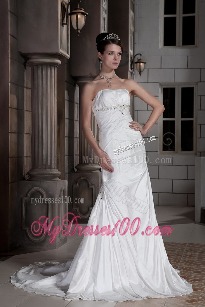 Discount Column Strapless Court Train Ruched and Beaded Wedding Dress