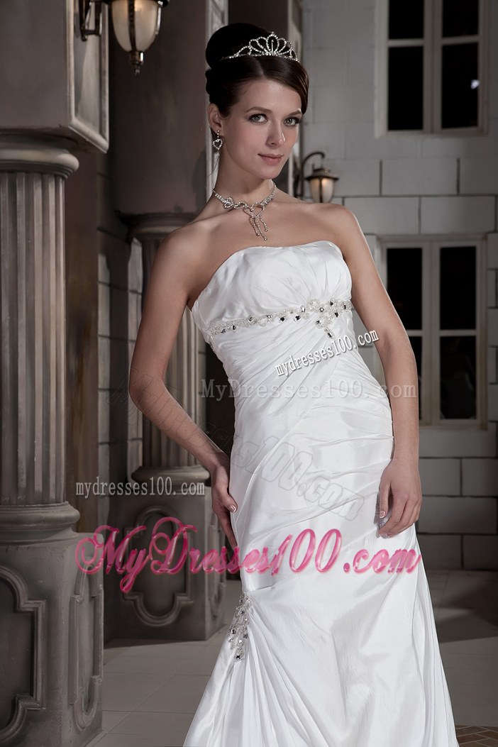 Discount Column Strapless Court Train Ruched and Beaded Wedding Dress