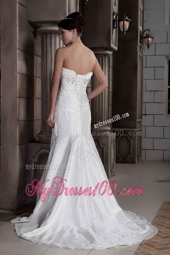 Discount Column Strapless Court Train Ruched and Beaded Wedding Dress