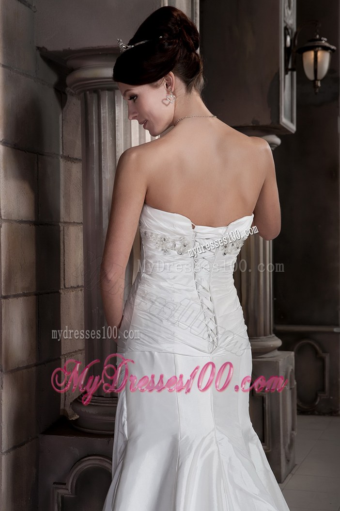 Discount Column Strapless Court Train Ruched and Beaded Wedding Dress