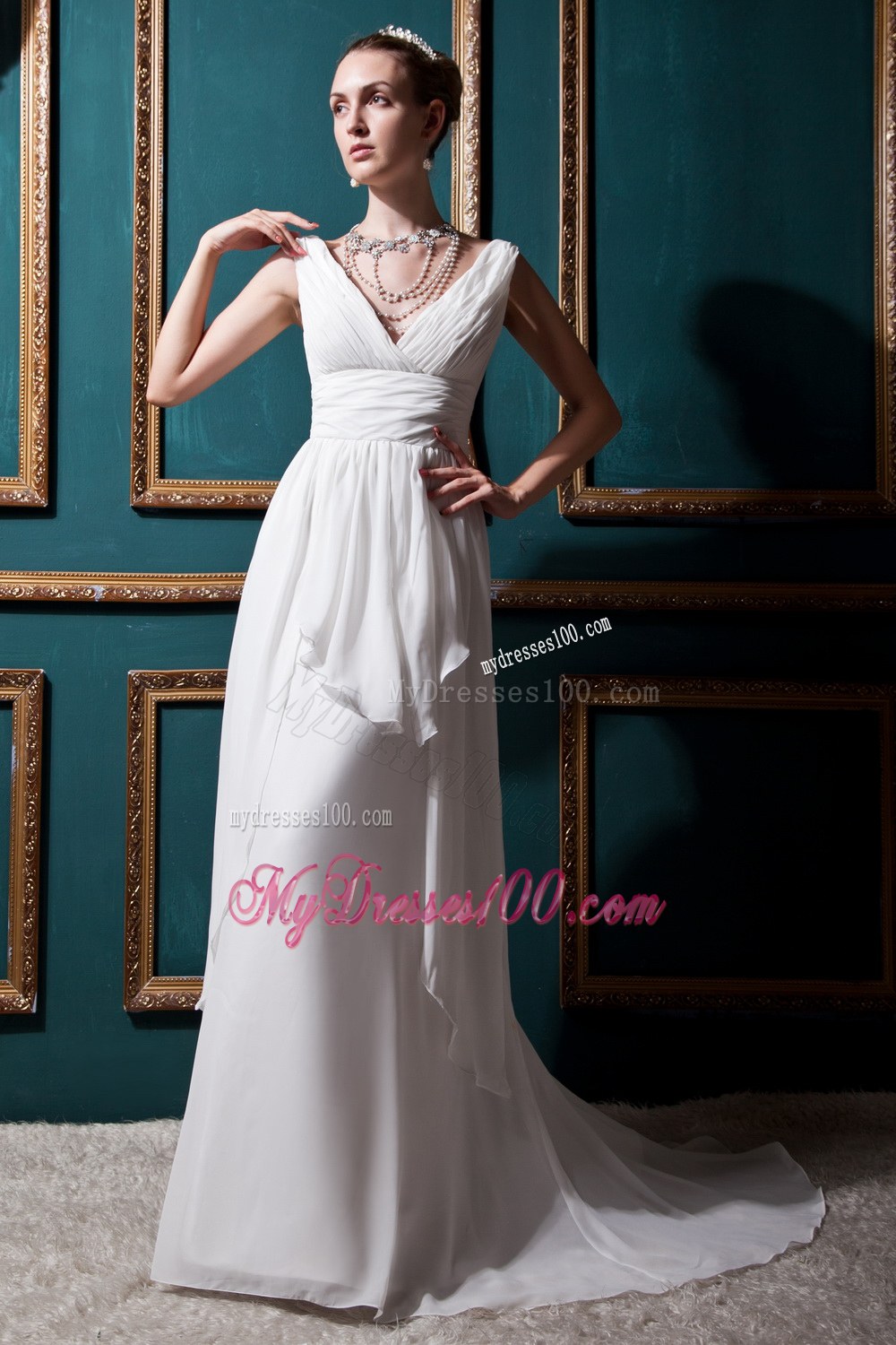 Discount Empire V-neck Brush Train Ruched Wedding Dresses