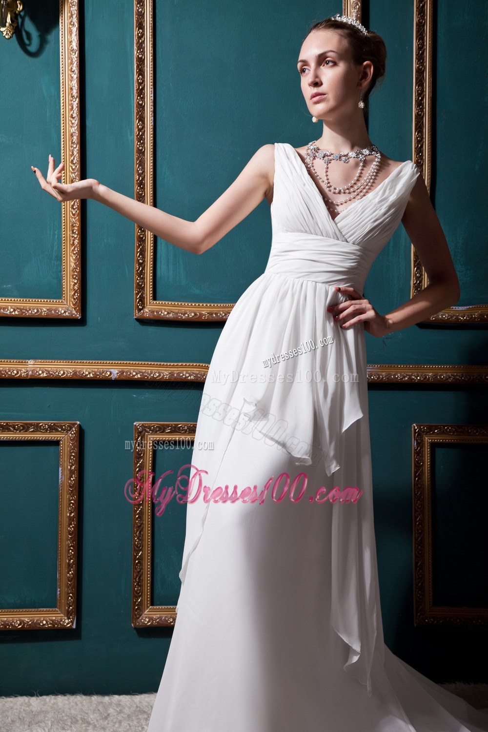 Discount Empire V-neck Brush Train Ruched Wedding Dresses