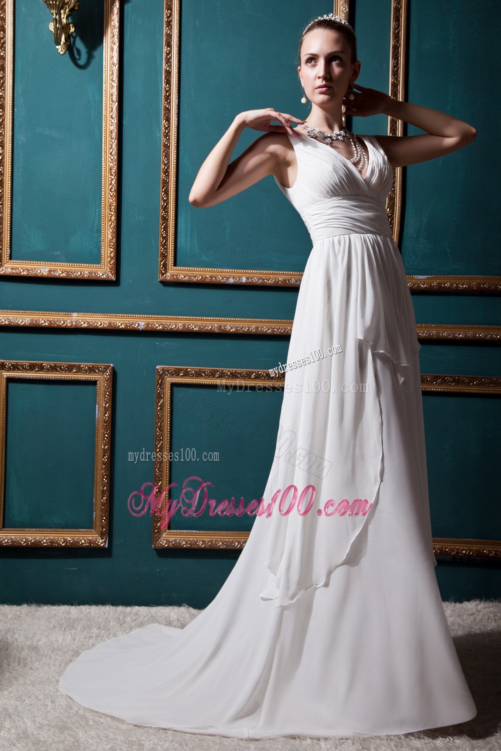 Discount Empire V-neck Brush Train Ruched Wedding Dresses
