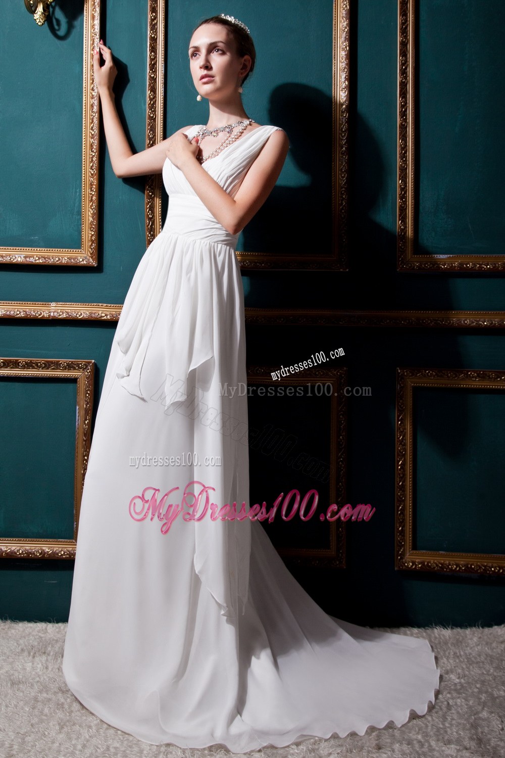 Discount Empire V-neck Brush Train Ruched Wedding Dresses