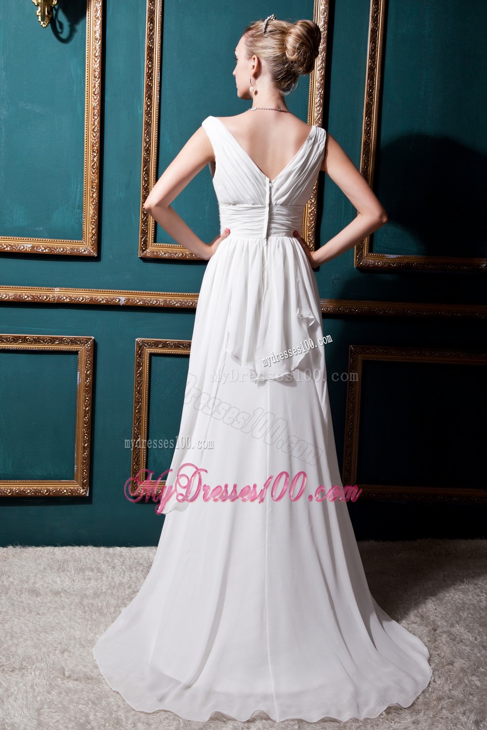 Discount Empire V-neck Brush Train Ruched Wedding Dresses