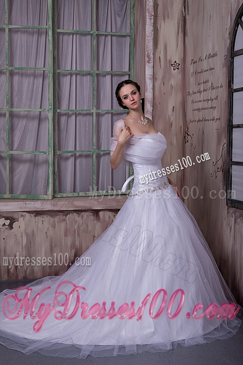Elegant A-line / Princess Strapless Chapel Train Tulle Appliques