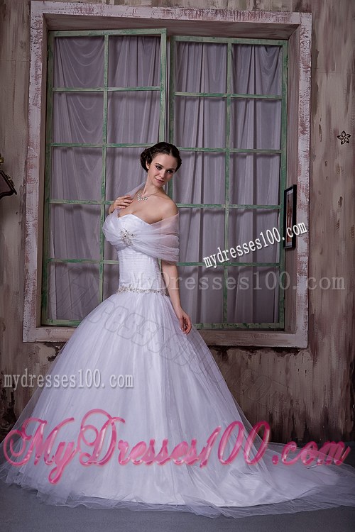 Elegant A-line / Princess Strapless Chapel Train Tulle Appliques
