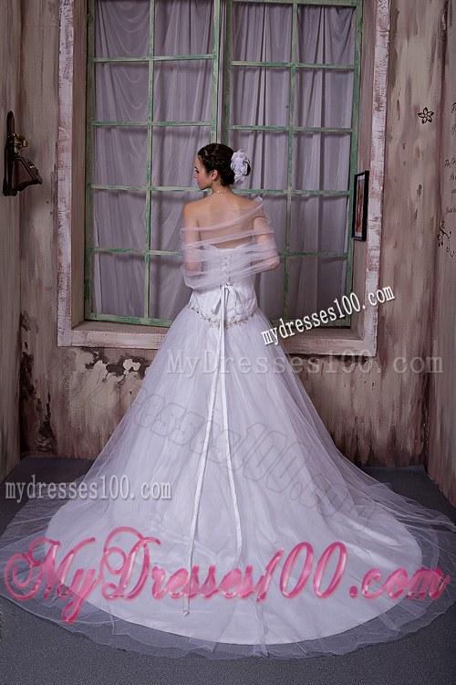Elegant A-line / Princess Strapless Chapel Train Tulle Appliques