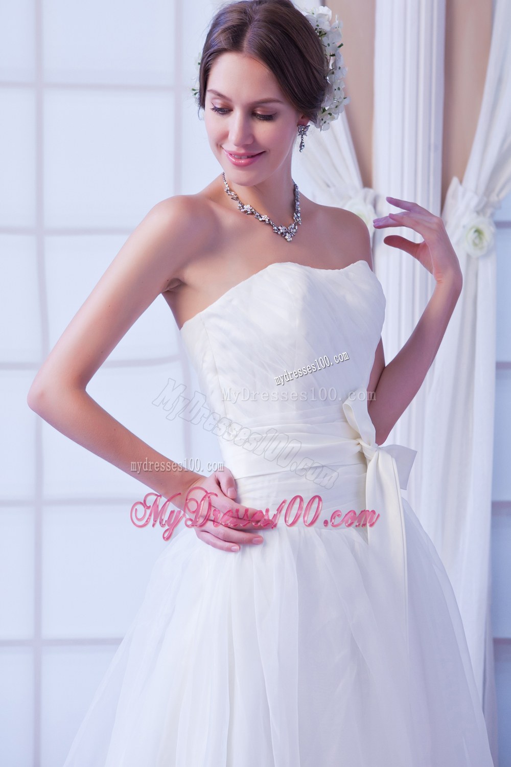 Elegant Strapless Court Train 2013 Wedding Dress with Sash
