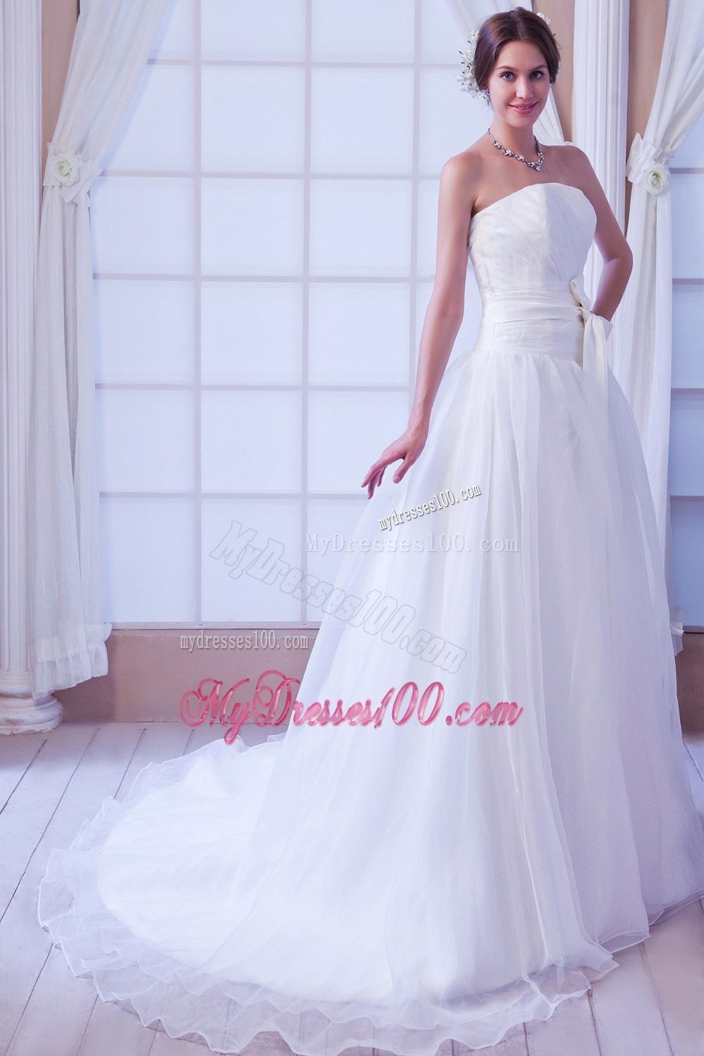 Elegant Strapless Court Train 2013 Wedding Dress with Sash