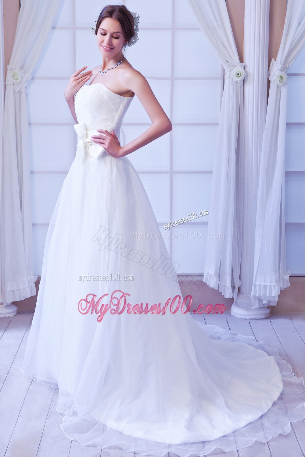 Elegant Strapless Court Train 2013 Wedding Dress with Sash