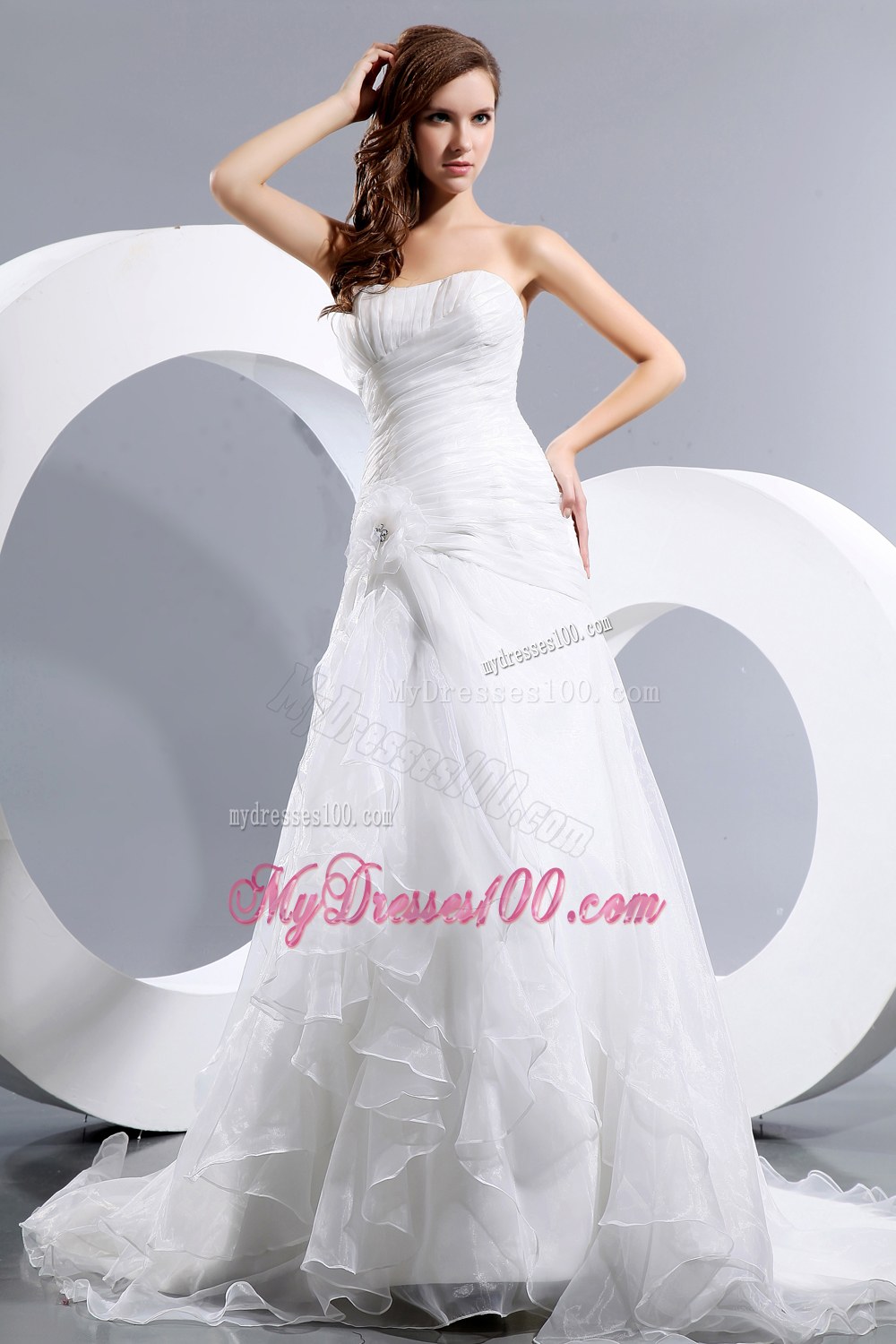 Elegant Strapless Court Train Ruched and Ruffles Bridal Dresses