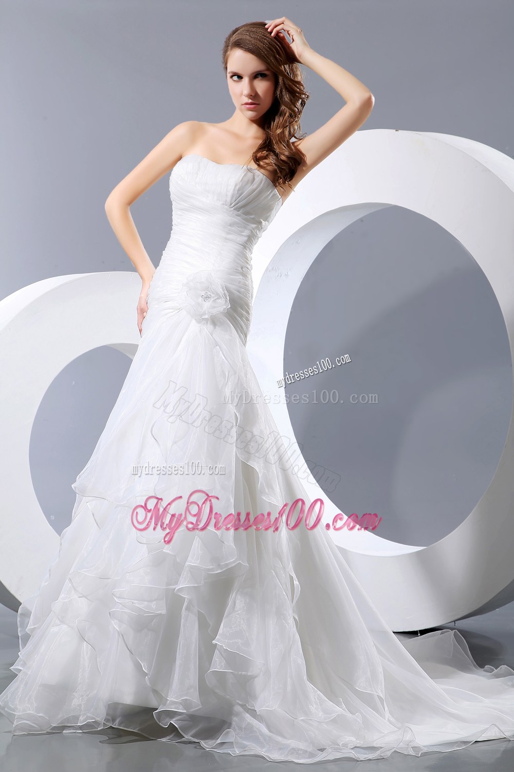 Elegant Strapless Court Train Ruched and Ruffles Bridal Dresses