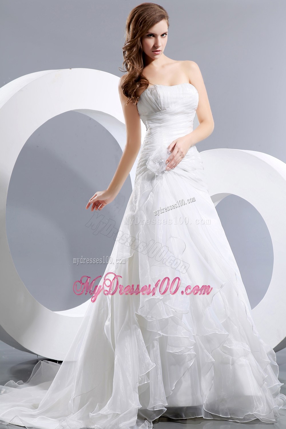 Elegant Strapless Court Train Ruched and Ruffles Bridal Dresses
