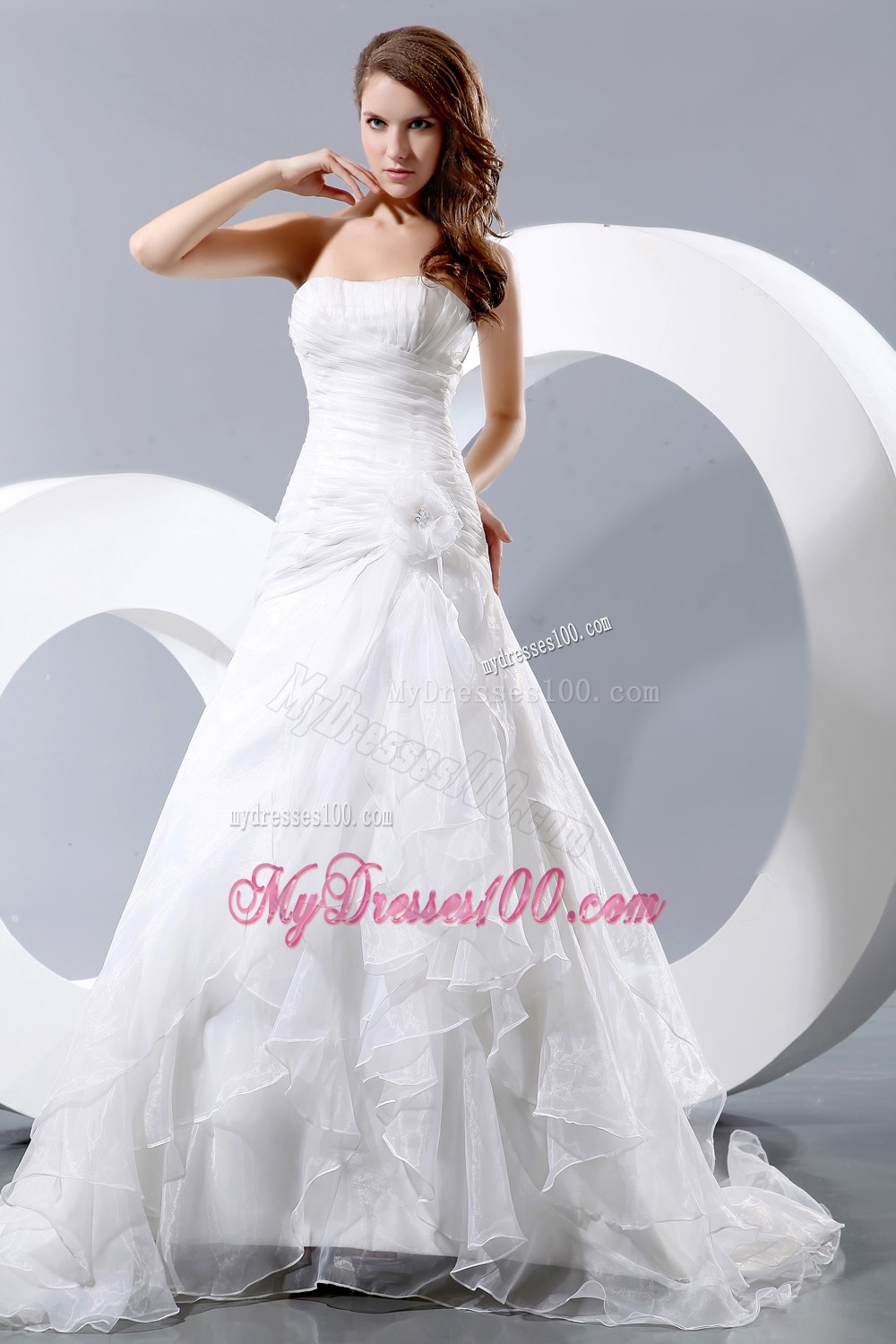 Elegant Strapless Court Train Ruched and Ruffles Bridal Dresses