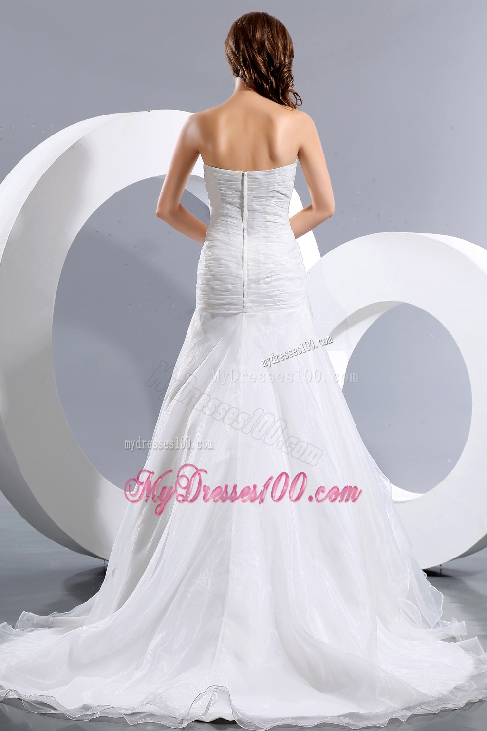Elegant Strapless Court Train Ruched and Ruffles Bridal Dresses