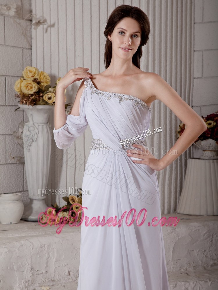 Elegant One Shoulder Wedding Dress with Ruching and Beading