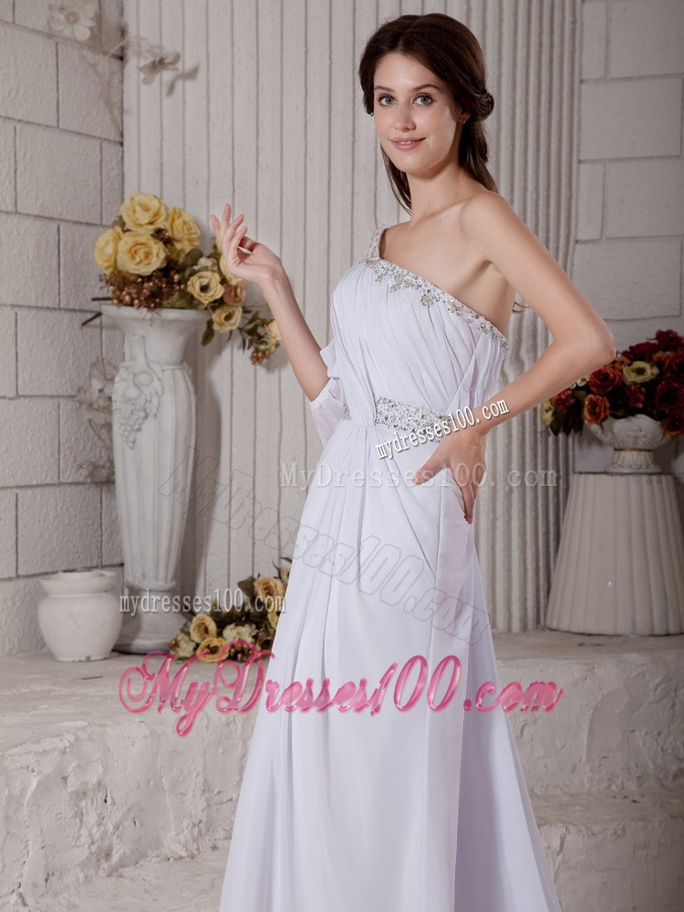 Elegant One Shoulder Wedding Dress with Ruching and Beading