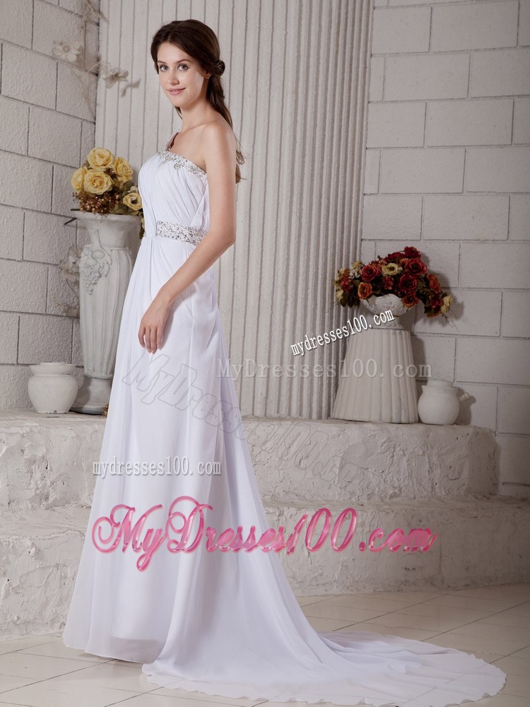 Elegant One Shoulder Wedding Dress with Ruching and Beading