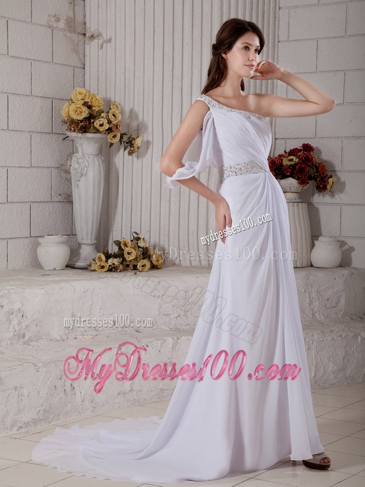 Elegant One Shoulder Wedding Dress with Ruching and Beading
