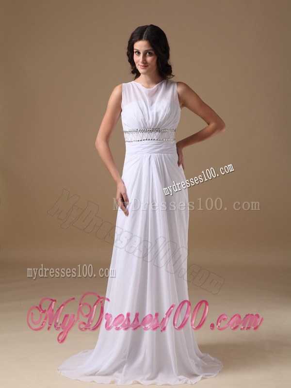 Elegant Empire Scoop Brush Train Beach Wedding Dress with Beading