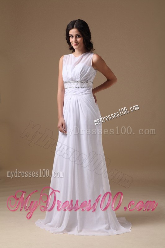 Elegant Empire Scoop Brush Train Beach Wedding Dress with Beading