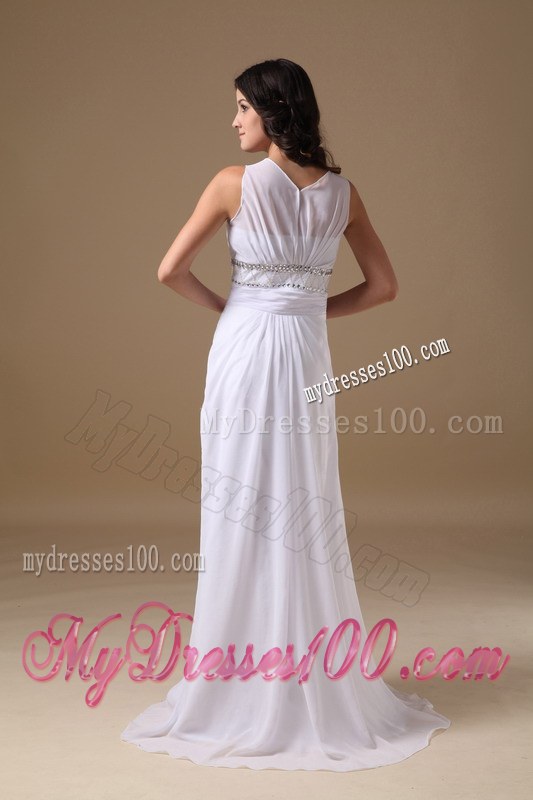 Elegant Empire Scoop Brush Train Beach Wedding Dress with Beading